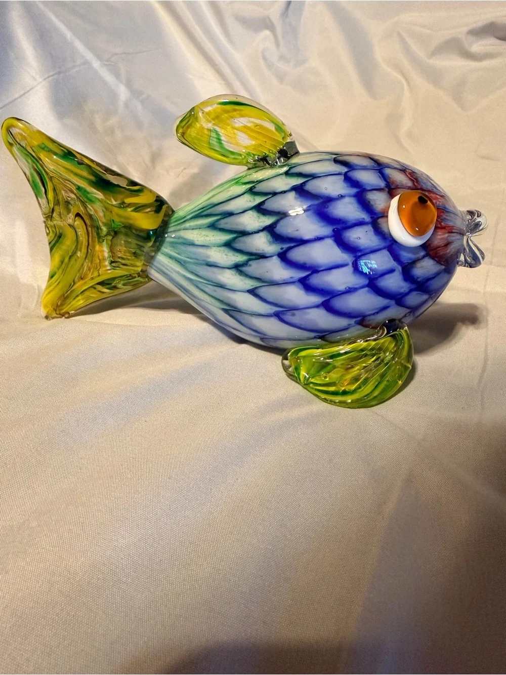 Handblown Art Glass Fish Figurine 9” Blue Green Yellow Coastal Ocean Decor